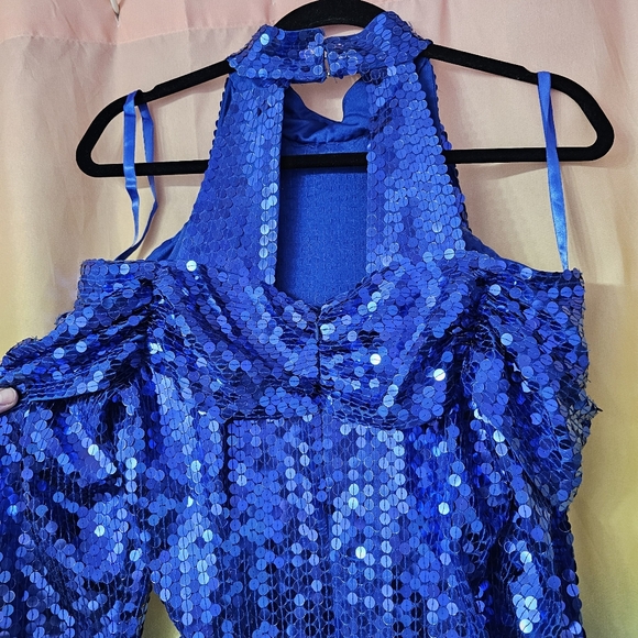Blue Sequin 90's Vintage Off Shoulder Long Sleeve Mini Dress - Picture 8 of 11